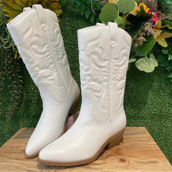 NEW Pointed Toe Embroidered Cowboy Cowgirl Western Mid-Calf High Boot Block Heel - Picture 6 of 10